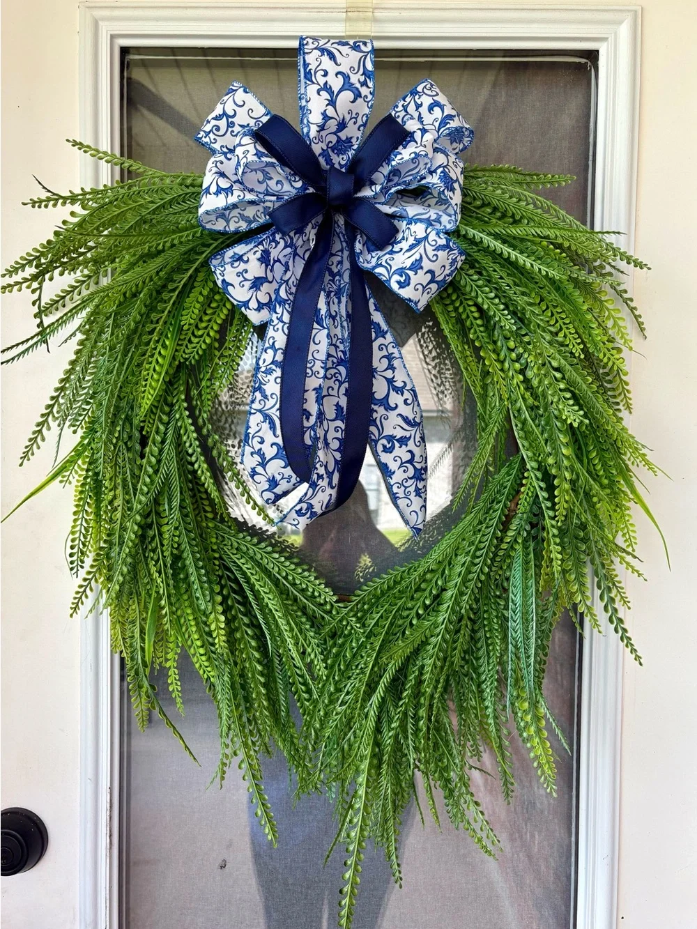 Handmade Bead Grass Wreath with Blue Floral Bow Home Decor